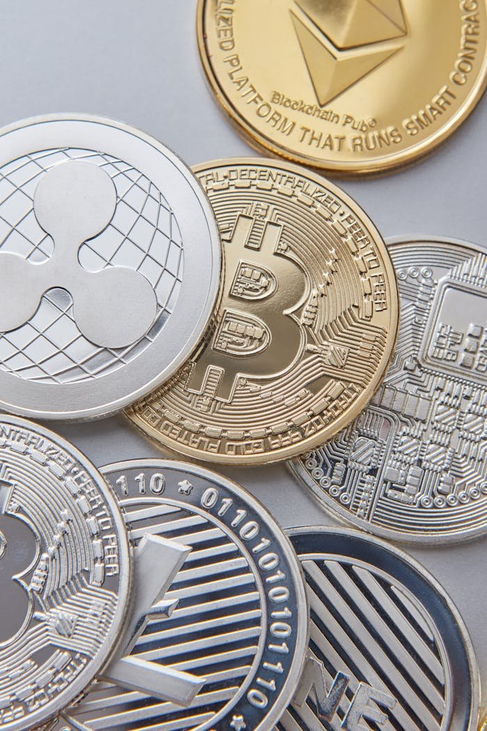 our-journey-03 High-resolution vertical shot of various cryptocurrency coins, emphasizing Bitcoin, Ethereum, and Ripple.