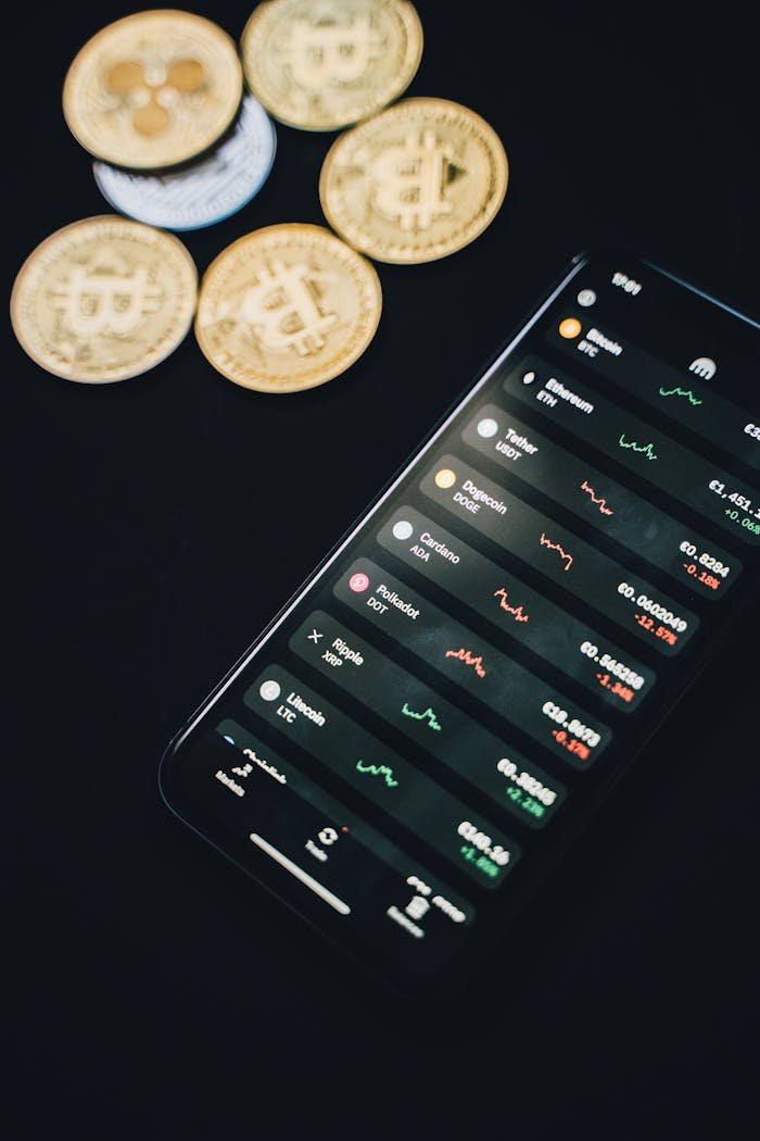 about-me-02 Smartphone showing cryptocurrency exchange app with bitcoin coins in the background, conveying digital finance.